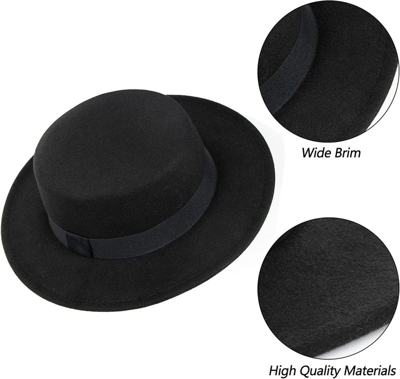 Mawjom Wide-Brim-Felt-Panama-Fedora-Hat with Flat-Top-Pork-Pie Cap for Women Men (Size:M) - Image 4